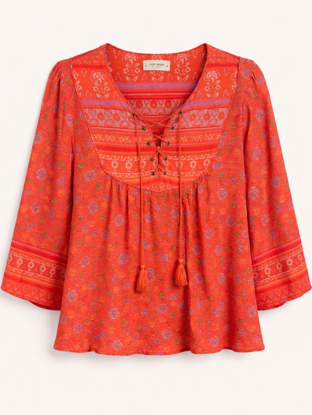 Lucky Brand Orange Floral Lace-Up Boho Tunic